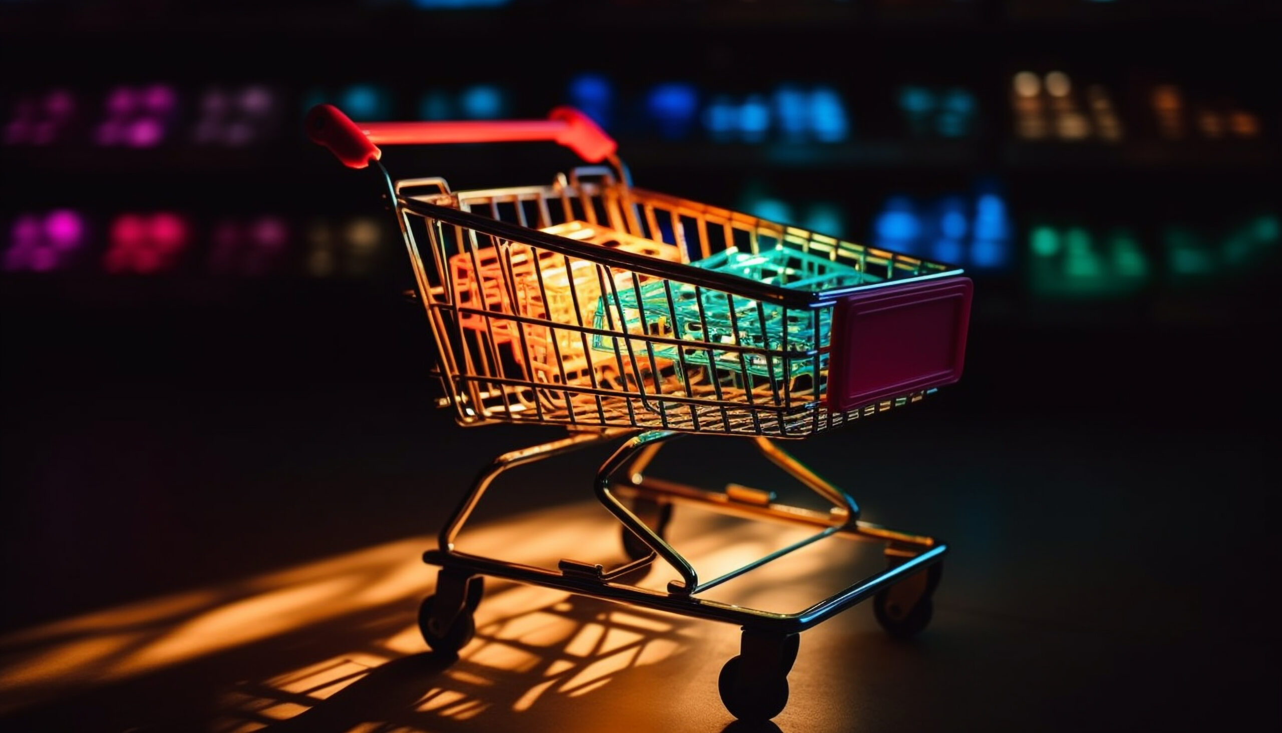 Metal shopping cart filled with groceries at night generated by AI Search engine optimisation